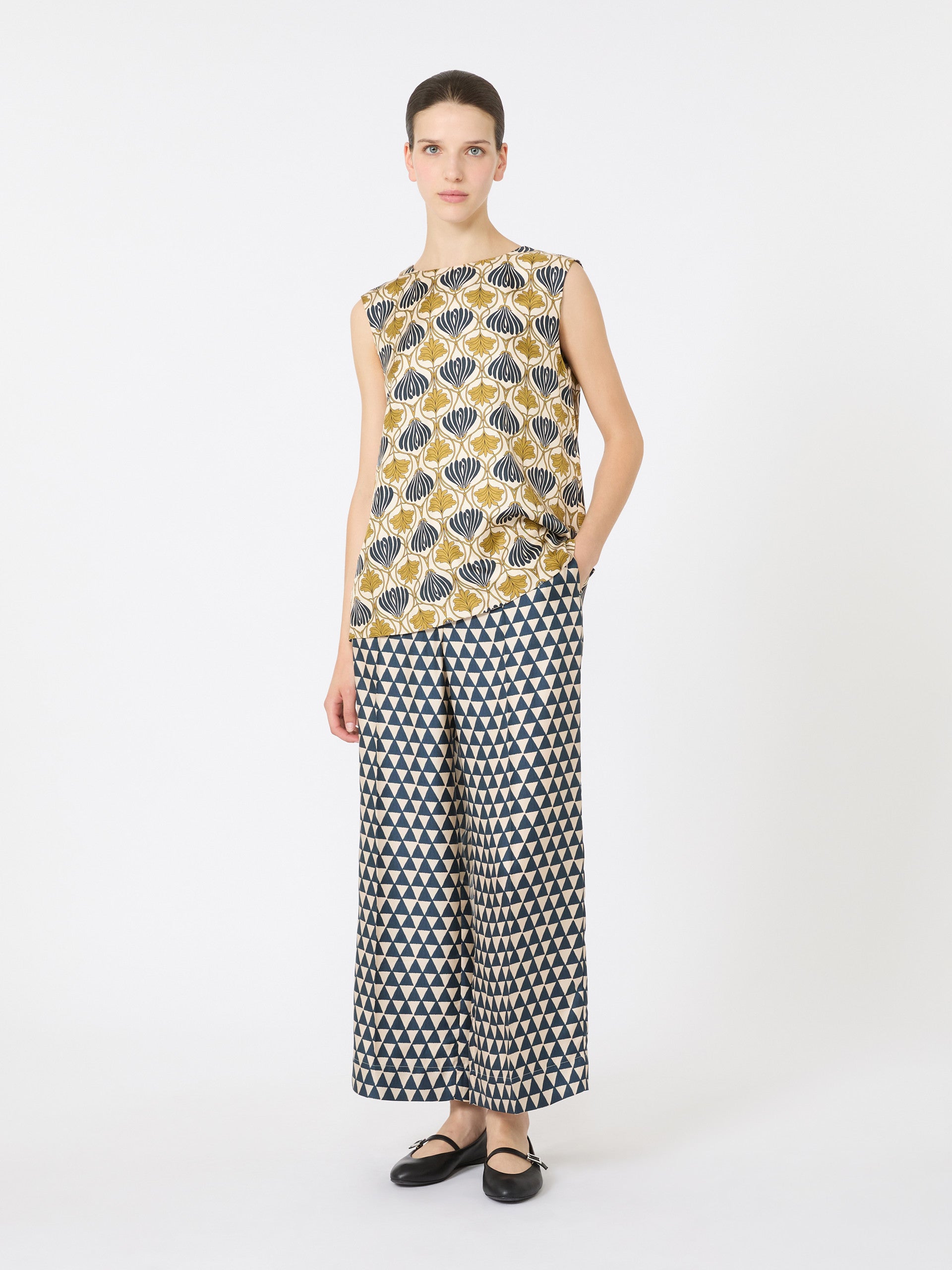 Reversible Printed Silk Top for Women - Mustard - Max Mara UAE