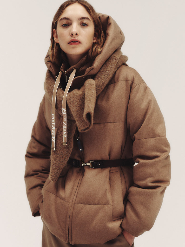 max mara short water-repellent canvas and camel down jacket for women