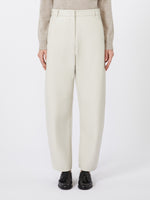 Coated fabric barrel-leg trousers