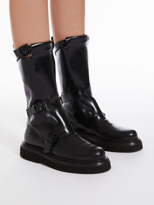 Leather biker boots with straps