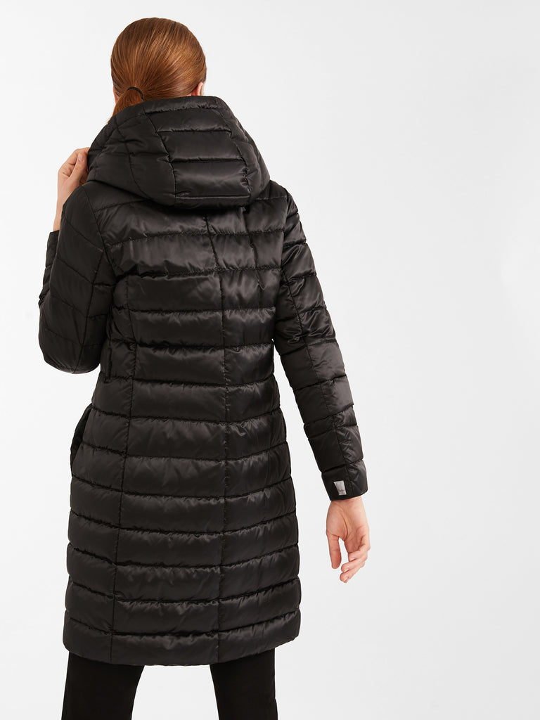 Reversible down coat in water-resistant satin