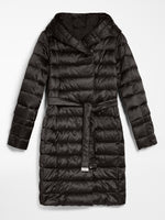 Reversible down coat in water-resistant satin