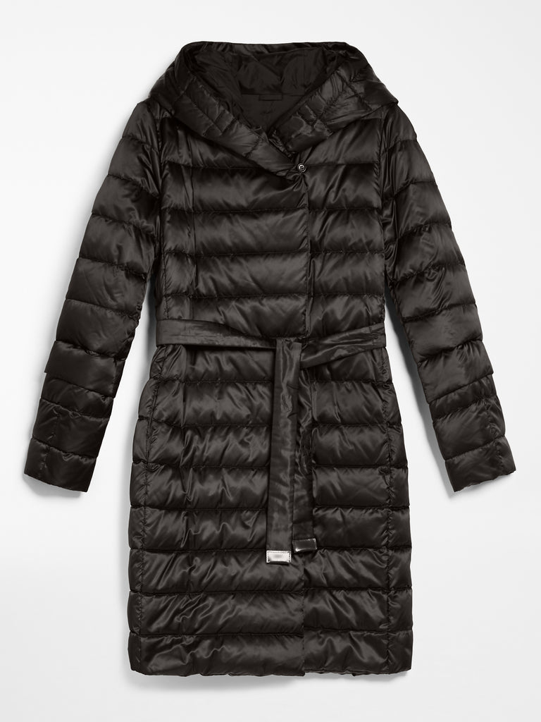 Reversible down coat in water-resistant satin