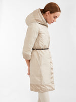 Reversible down coat in water-resistant satin