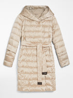 Reversible down coat in water-resistant satin