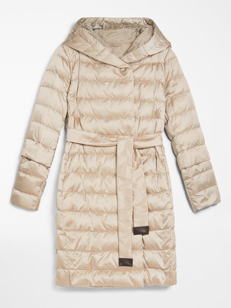 Reversible down coat in water-resistant satin